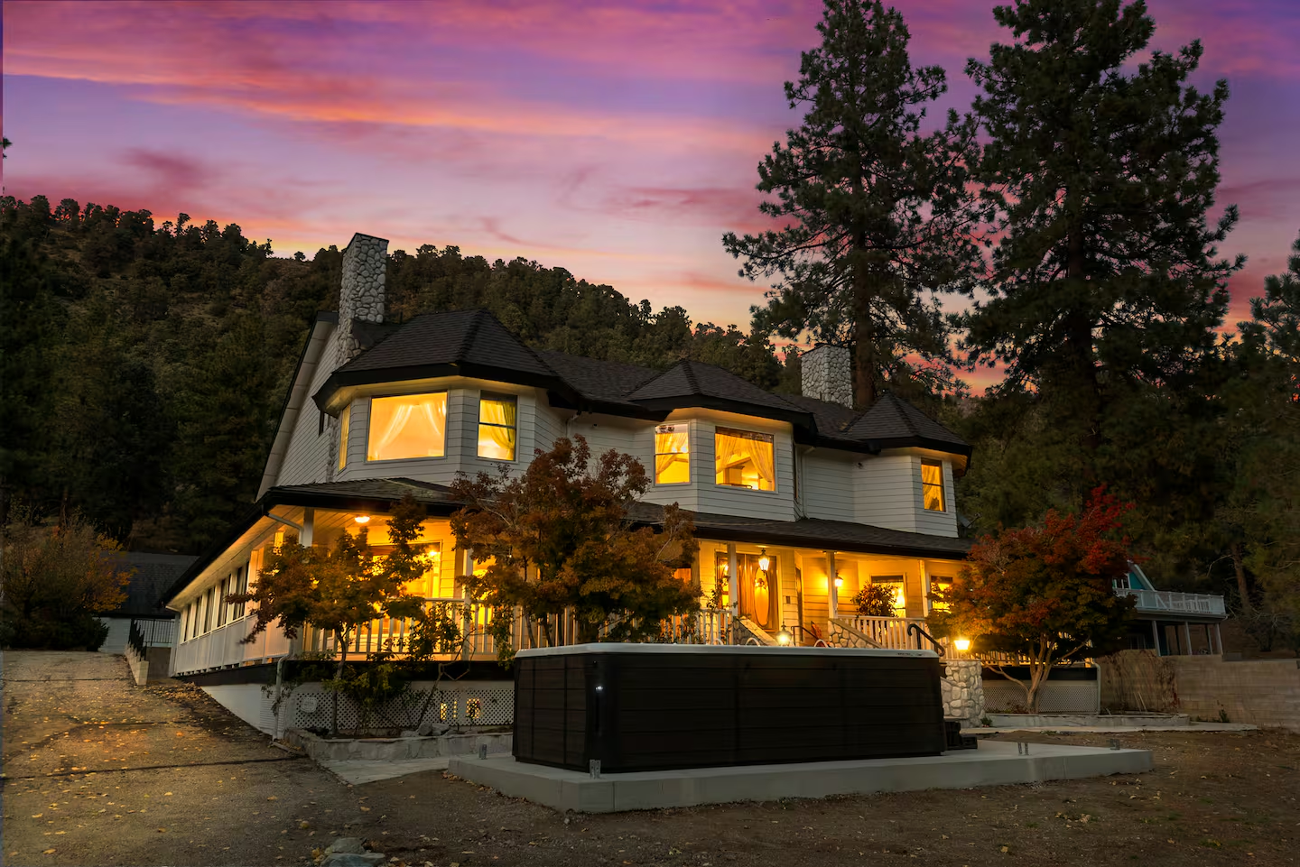 Wrightwood Castle estate at twilight